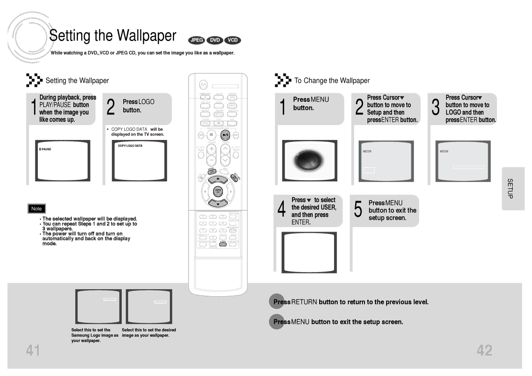 Samsung MAX-DJ750F/TAW, MAX-DJ750F/FMC, MAX-DJ750F/UMG, MAX-DJ750F/HAO manual Setting the Wallpaper Jpeg DVD VCD, Press Menu 