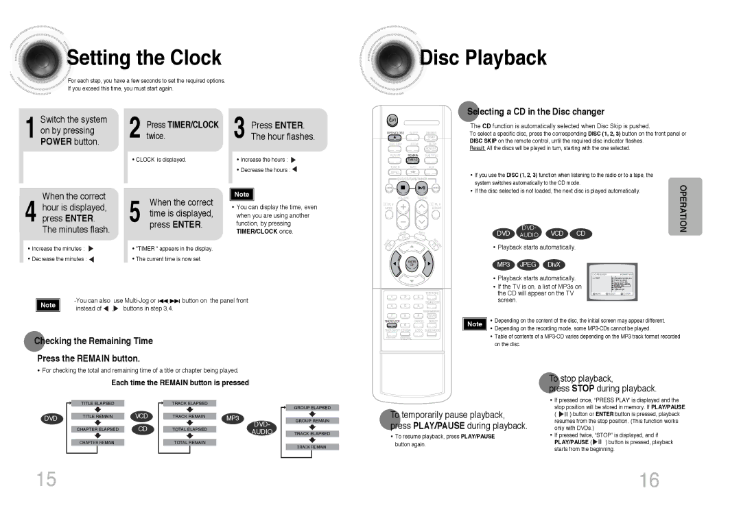 Samsung MAX-DJ750F/FMC, MAX-DJ750F/UMG, MAX-DJ750F/HAO Setting the Clock, Disc Playback, Selecting a CD in the Disc changer 