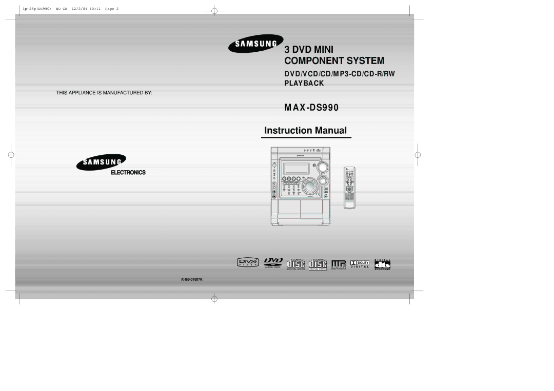 Samsung MAX-DS990F/AFK, MAX-DS990F/HAO, MAX-DS990F/UMG, MAX-DS990F/FMC manual DVD Mini Component System, AH68-01607K 