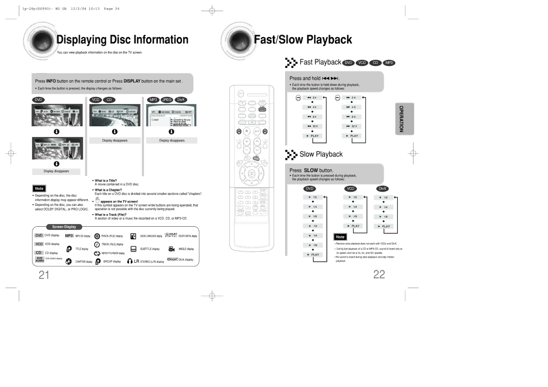 Samsung MAX-DS990F/HAO, MAX-DS990F/AFK manual Fast/Slow Playback, Displaying Disc Information, Fast Playback DVD VCD CD MP3 