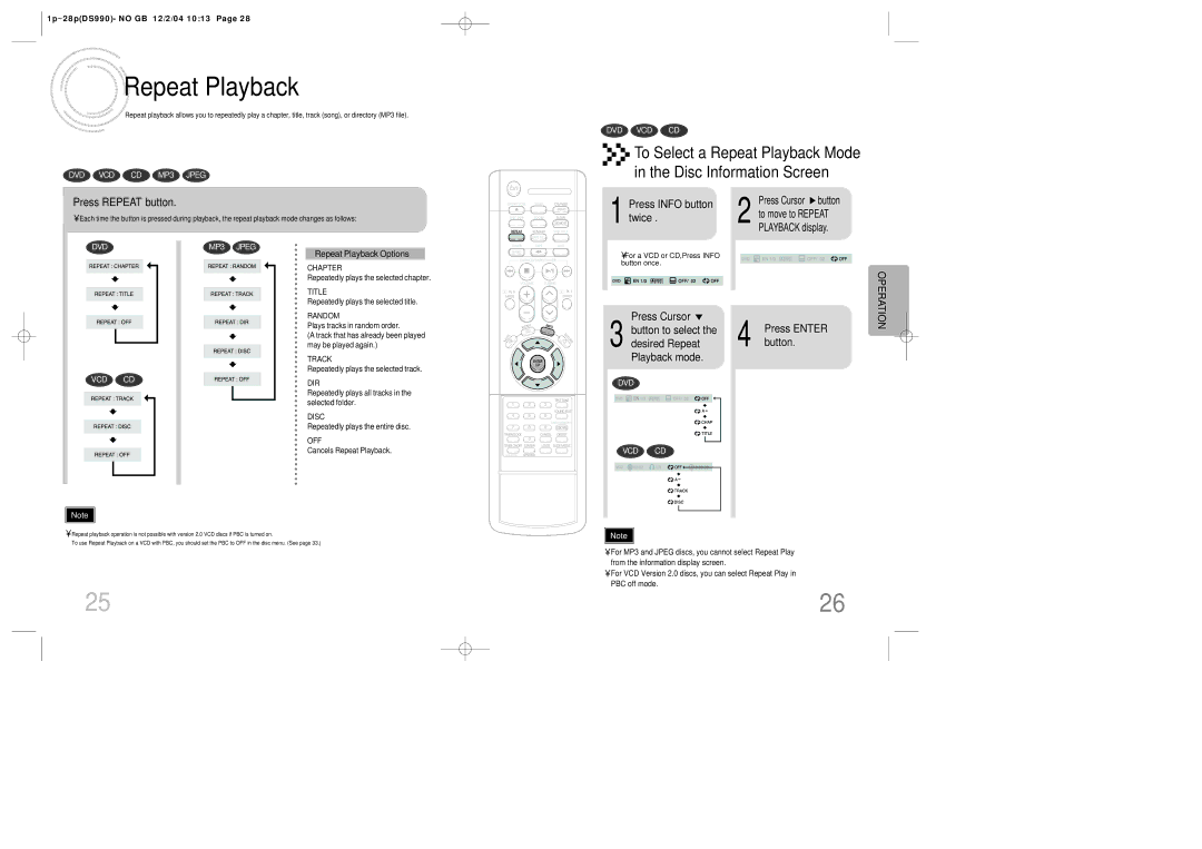 Samsung MAX-DS990F/UMG, MAX-DS990F/HAO To Select a Repeat Playback Mode Disc Information Screen, Press Repeat button 