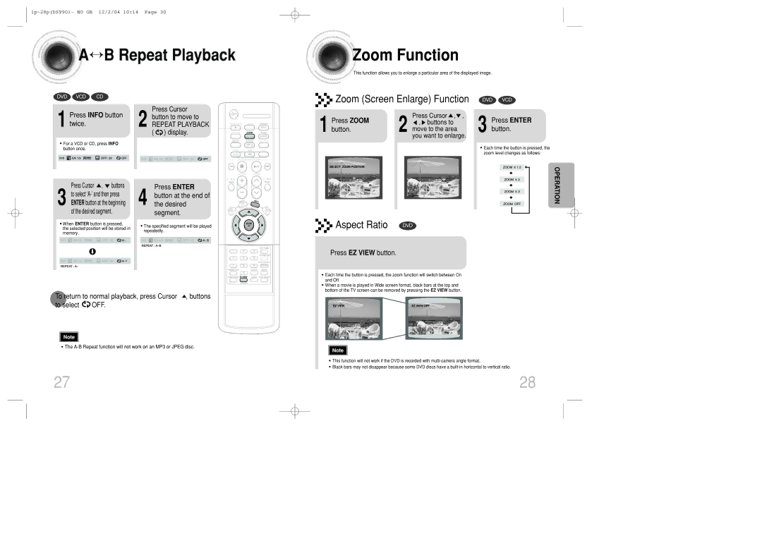 Samsung MAX-DS990F/FMC ↔B Repeat Playback Zoom Function, Zoom Screen Enlarge Function, Press Cursor Button to move to 