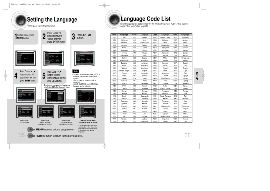 Samsung MAX-DS990F/AFK manual Language Code List, Setting the Language, Press Return button to return to the previous level 