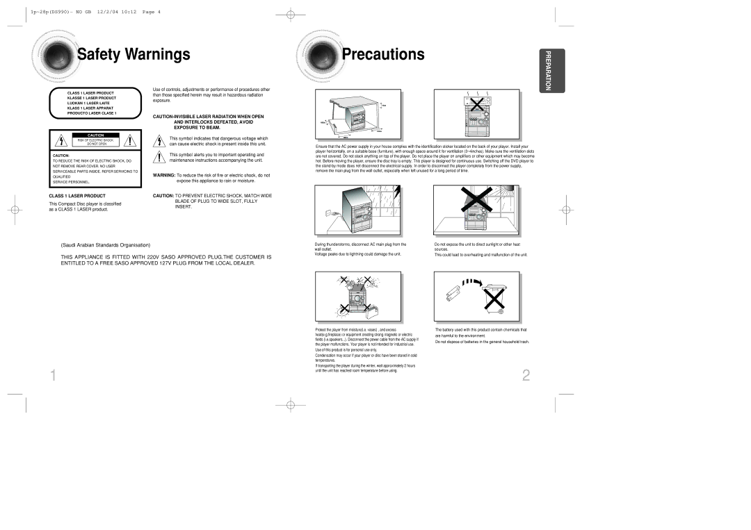 Samsung MAX-DS990F/UMG, MAX-DS990F/HAO, MAX-DS990F/AFK, MAX-DS990F/FMC Safety Warnings, Saudi Arabian Standards Organisation 