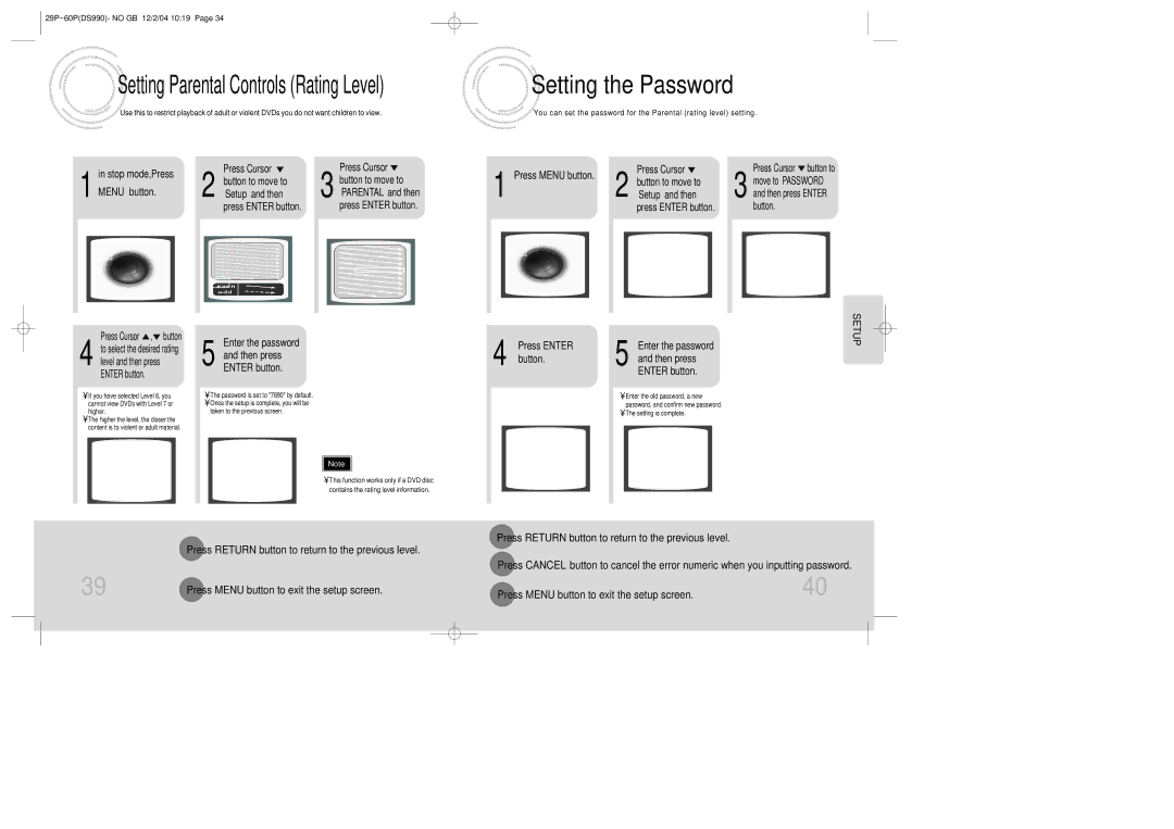 Samsung MAX-DS990F/FMC, MAX-DS990F/HAO Setting the Password, Press Menu button, Enter the password Then press Enter button 