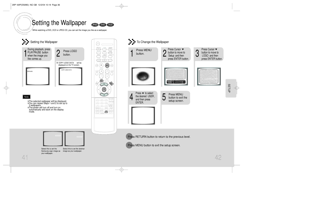 Samsung MAX-DS990F/XSG, MAX-DS990F/HAO, MAX-DS990F/AFK manual Setting the Wallpaper Jpeg DVD VCD, Press Menu, Setup screen 