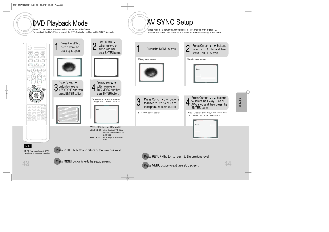 Samsung MAX-DS990F/FAT, MAX-DS990F/HAO AV Sync Setup, DVD Playback Mode, Press the Menu button while the disc tray is open 