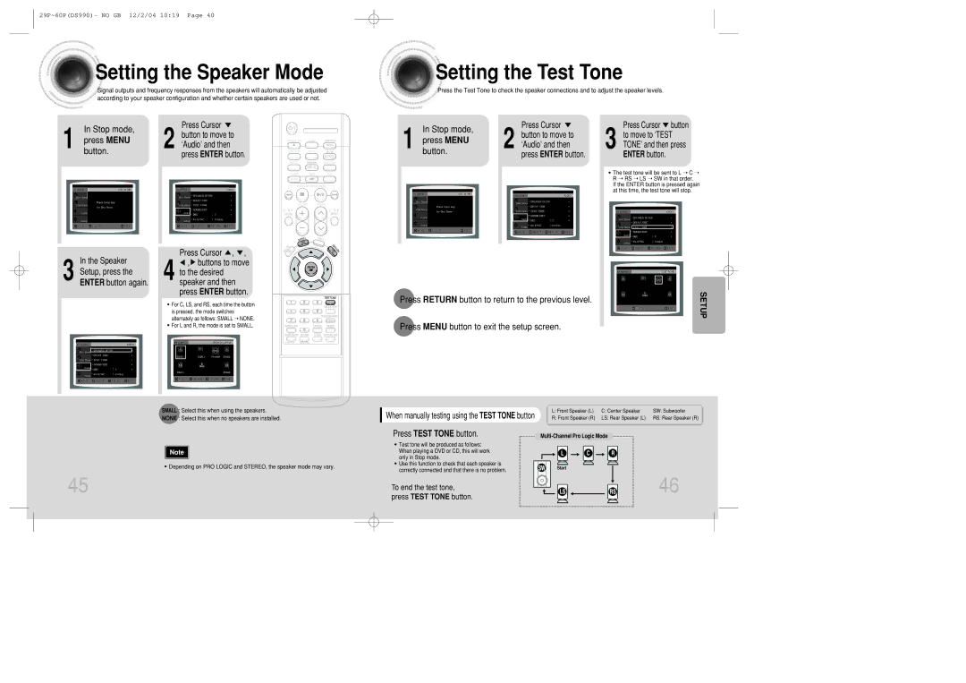 Samsung MAX-DS990F/HAO, MAX-DS990F/AFK Setting the Speaker Mode, Setting the Test Tone, Stop mode, Press Test Tone button 