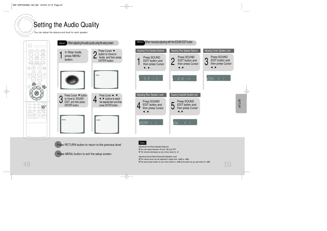 Samsung MAX-DS990F/UMG Setting the Audio Quality, Press Sound Edit button and then press Cursor, ‘Audio’ and then press 