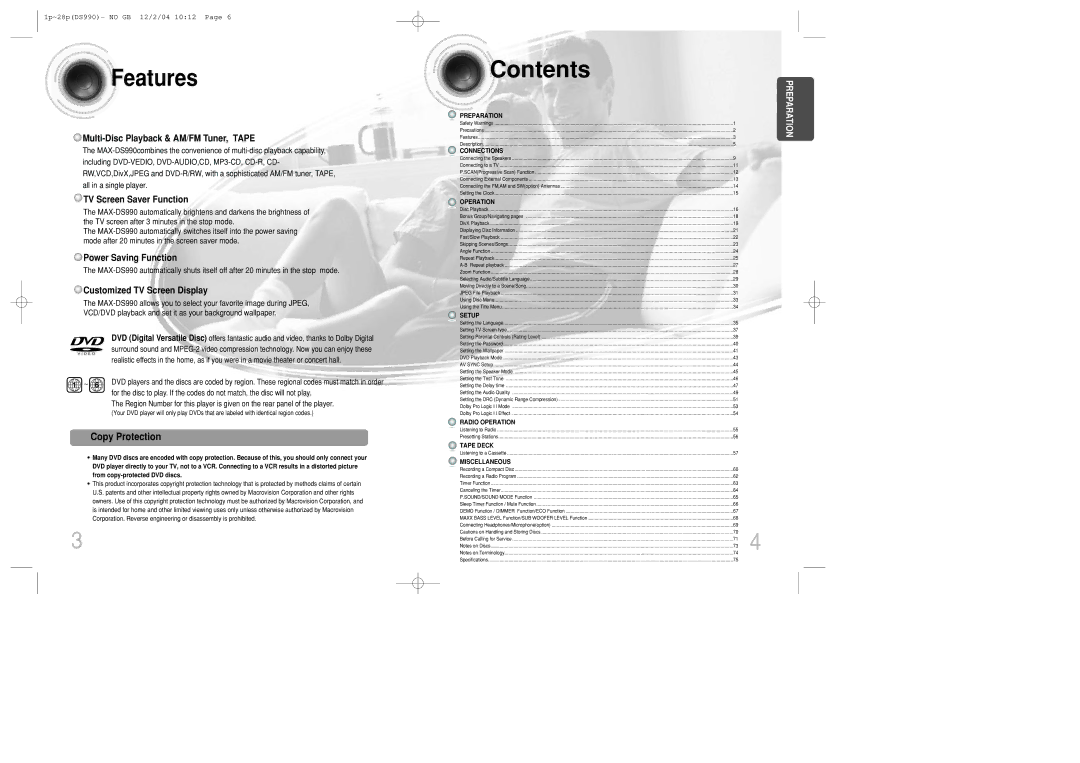 Samsung MAX-DS990F/FMC, MAX-DS990F/HAO, MAX-DS990F/AFK, MAX-DS990F/UMG, MAX-DS990F/XSG, MAX-DS990F/FAT manual Contents 