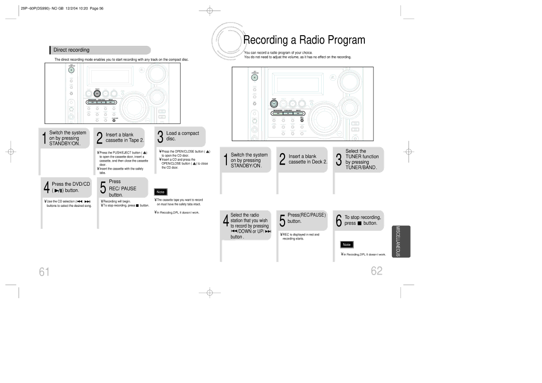 Samsung MAX-DS990F/UMG, MAX-DS990F/HAO manual Recording a Radio Program, Switch the system On by pressing, REC/ Pause button 