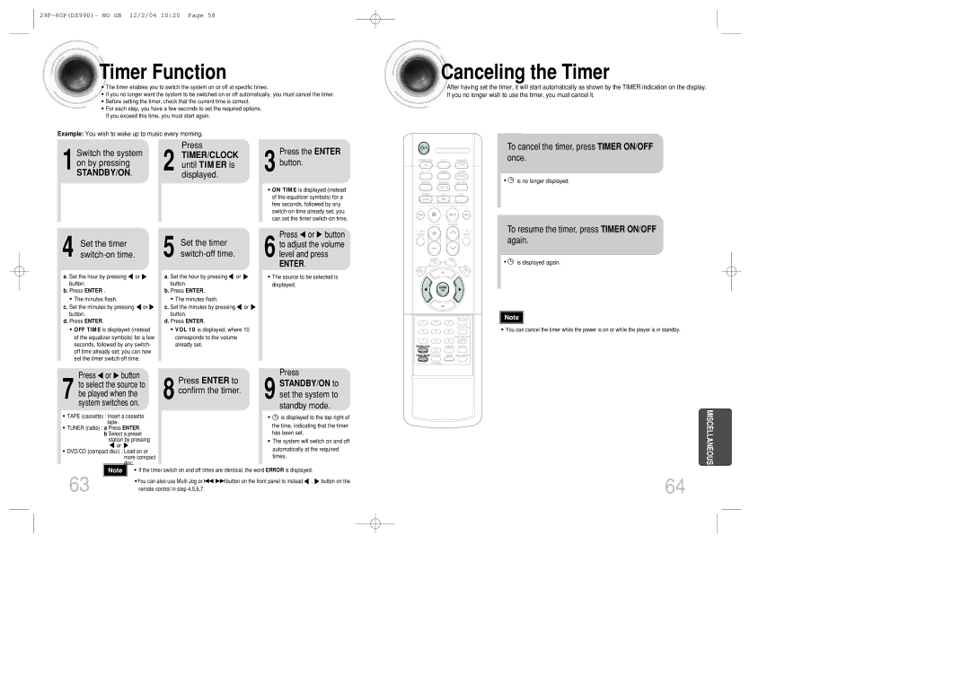 Samsung MAX-DS990F/FMC manual Timer Function, Canceling the Timer, TIMER/CLOCK until Timer is displayed, STANDBY/ON to 