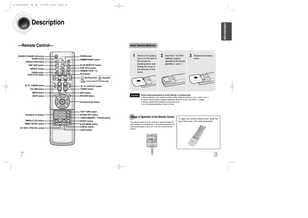 Samsung MAX-DS990F/FAT, MAX-DS990F/HAO, MAX-DS990F/AFK, MAX-DS990F/UMG Insert Remote Batteries, Replace the battery cover 