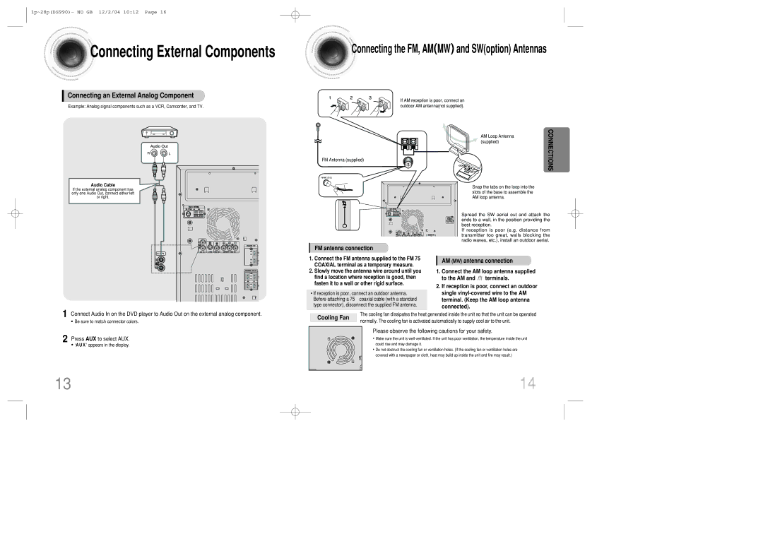 Samsung MAX-DS990F/UMG, MAX-DS990F/HAO manual Connecting an External Analog Component, Cooling Fan, Press AUX to select AUX 