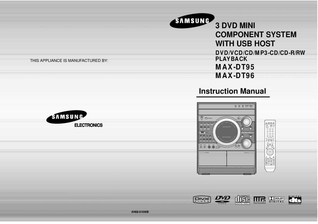 Samsung MAX-DT95T/UMG, MAX-DT95T/SIM, MAX-DT95T/FMC manual DVD Mini Component System with USB Host 