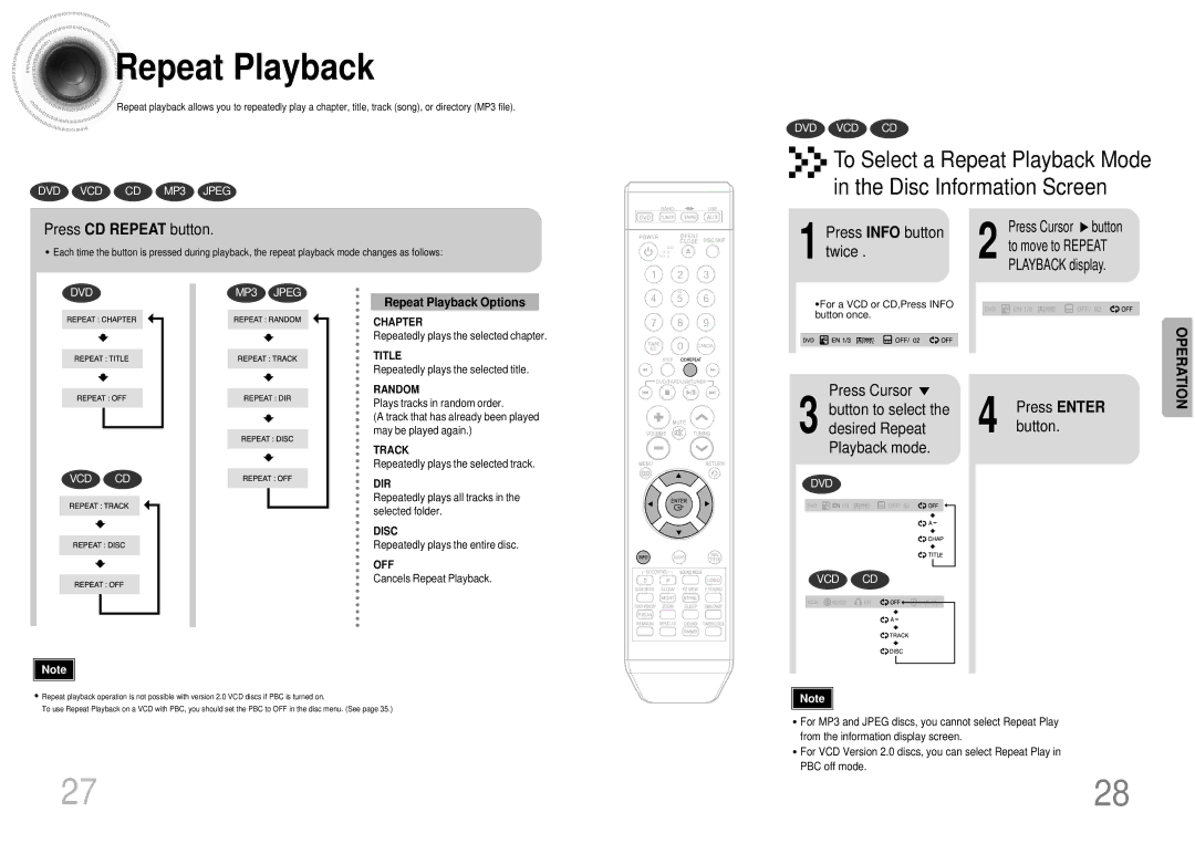 Samsung MAX-DT95T/SIM, MAX-DT95T/UMG To Select a Repeat Playback Mode Disc Information Screen, Press CD Repeat button 