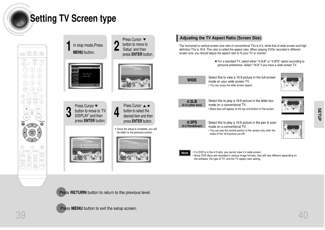 Samsung MAX-DT95T/SIM, MAX-DT95T/UMG, MAX-DT95T/FMC manual Adjusting the TV Aspect Ratio Screen Size, 43LB, 43PS 