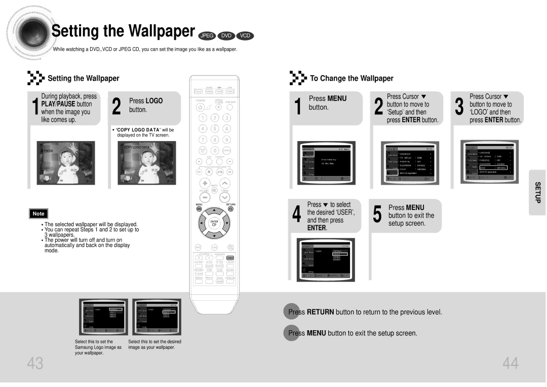 Samsung MAX-DT95T/FMC, MAX-DT95T/SIM, MAX-DT95T/UMG manual Setting the Wallpaper Jpeg DVD VCD, Press Menu, Setup screen 