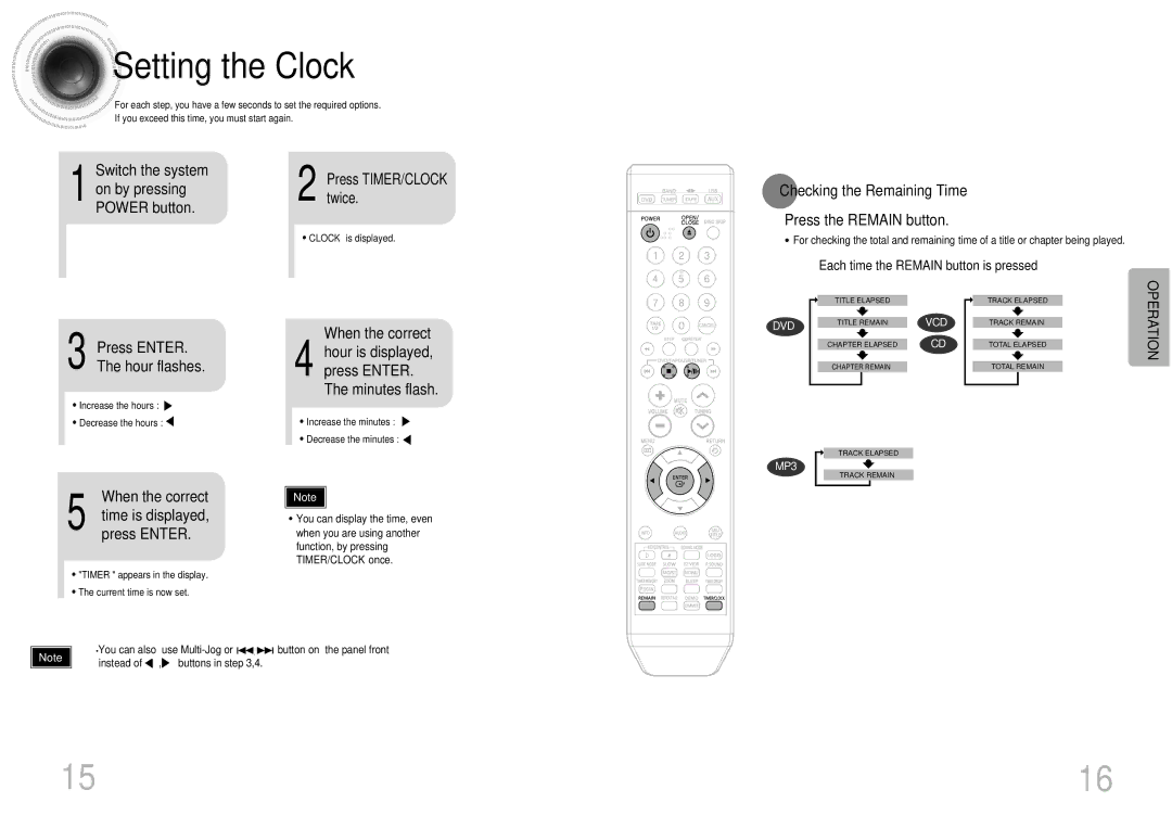 Samsung MAX-DT95T/SIM, MAX-DT95T/UMG Setting the Clock, Press Enter, Checking the Remaining Time Press the Remain button 