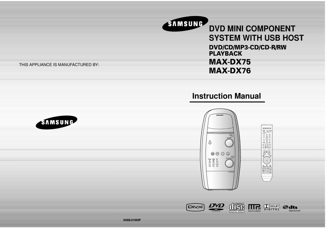 Samsung MAX-DX76T/UMG, MAX-DX76T/HAC, MAX-DX76T/MEA manual DVD Mini Component System with USB Host, AH68-01940P 