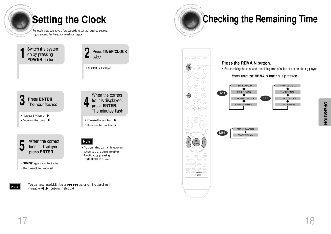 Samsung MAX-DX76T/MEA, MAX-DX76T/HAC, MAX-DX76T/UMG, MAX-DX76T/FMC manual Setting the Clock, Press the Remain button 