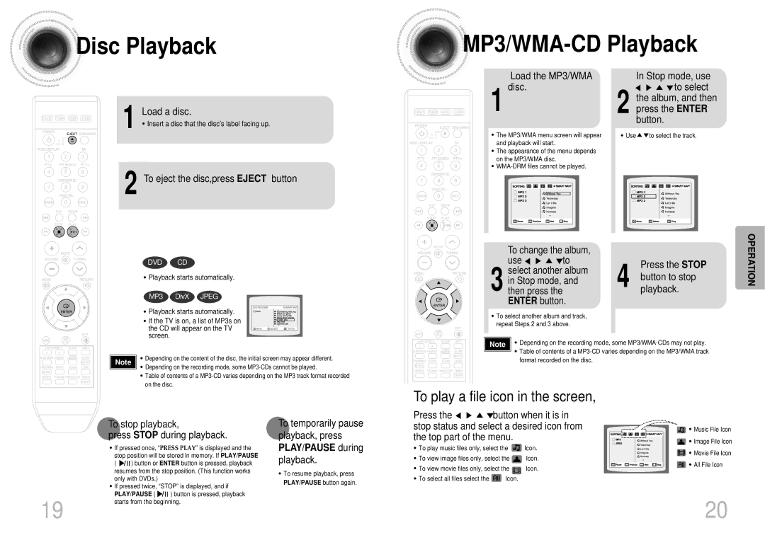 Samsung MAX-DX76T/FMC manual Disc Playback MP3/WMA -CD Playback, To play a file icon in the screen, PLAY/PAUSE during 