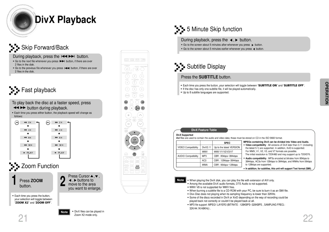 Samsung MAX-DX76T/HAC, MAX-DX76T/UMG, MAX-DX76T/MEA, MAX-DX76T/FMC manual DivX Playback 