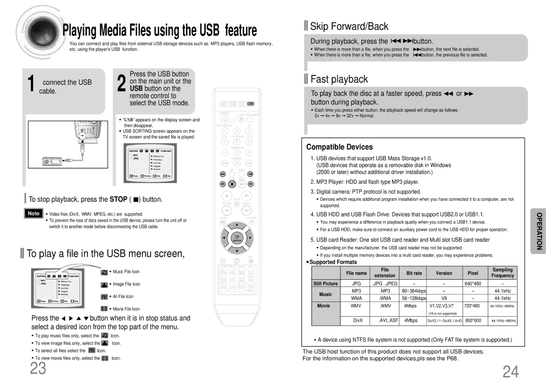 Samsung MAX-DX76T/UMG To play a file in the USB menu screen, To stop playback, press the Stop button, Supported Formats 