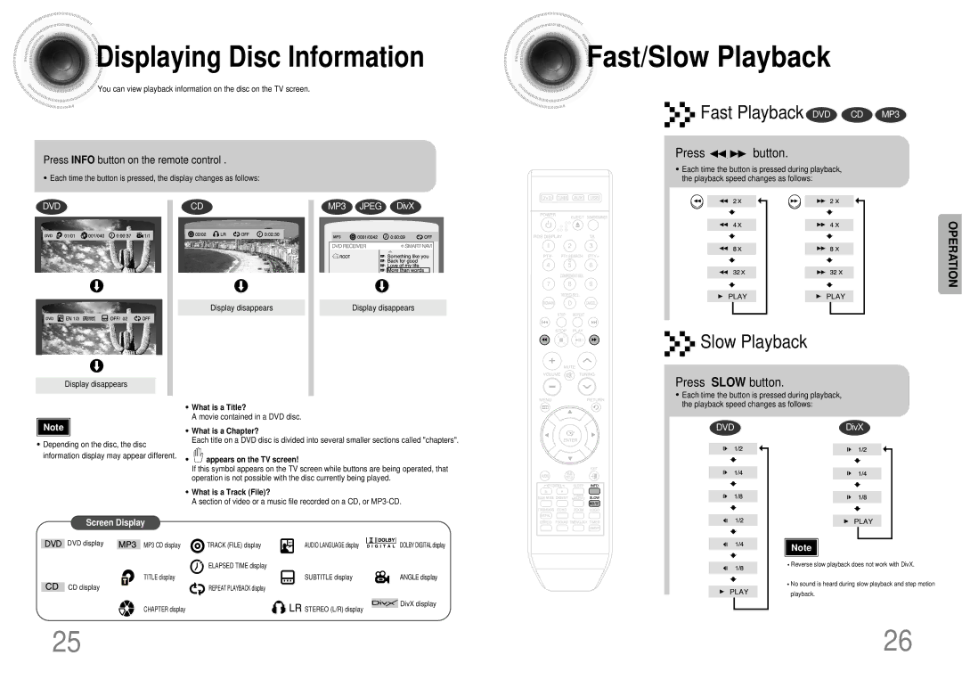 Samsung MAX-DX76T/MEA, MAX-DX76T/HAC manual Fast/Slow Playback, Displaying Disc Information, Fast Playback DVD CD MP3 