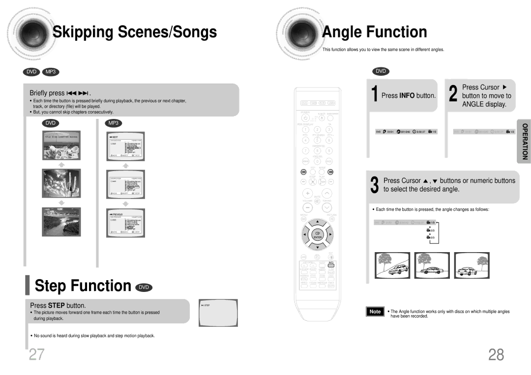 Samsung MAX-DX76T/FMC manual Skipping Scenes/Songs, Angle Function, Step Function DVD, Briefly press, Press Step button 