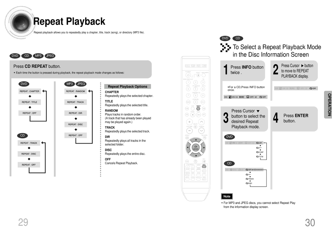 Samsung MAX-DX76T/HAC, MAX-DX76T/UMG manual Press CD Repeat button, Press Info button twice, Repeat Playback Options 