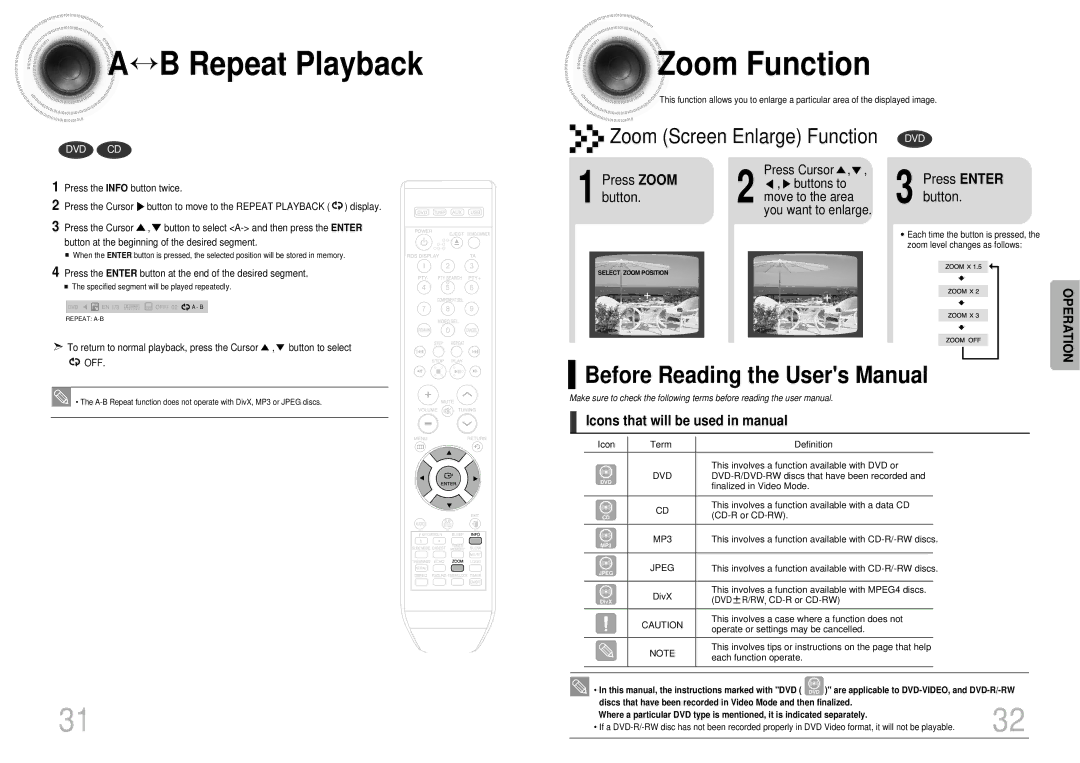 Samsung MAX-DX76T/UMG manual ↔ B Repeat Playback, Zoom Function, Zoom Screen Enlarge Function DVD, Press Zoom button 