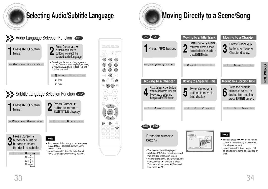 Samsung MAX-DX76T/MEA 1Press Info button, Press the numeric buttons, Press Cursor , 3 buttons to move to Chapter display 