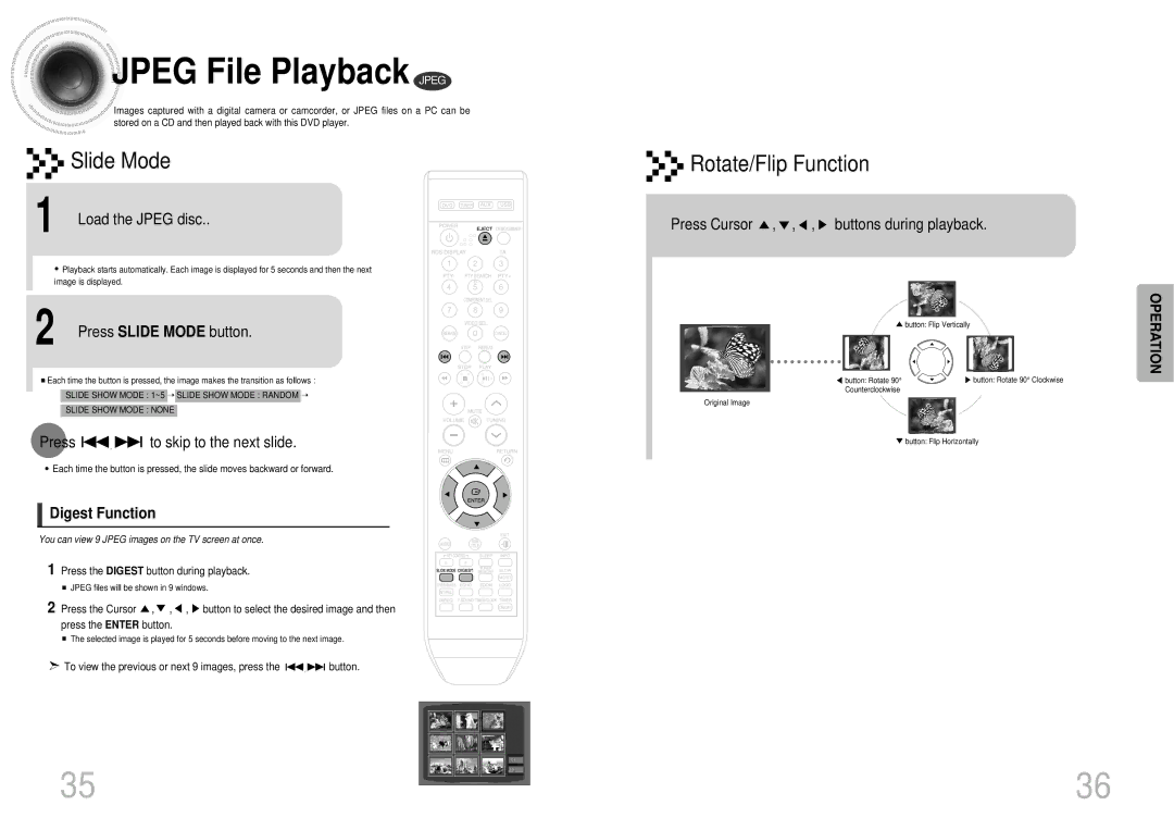 Samsung MAX-DX76T/FMC, MAX-DX76T/HAC manual Jpeg File Playback Jpeg, Slide Mode, Rotate/Flip Function, Digest Function 