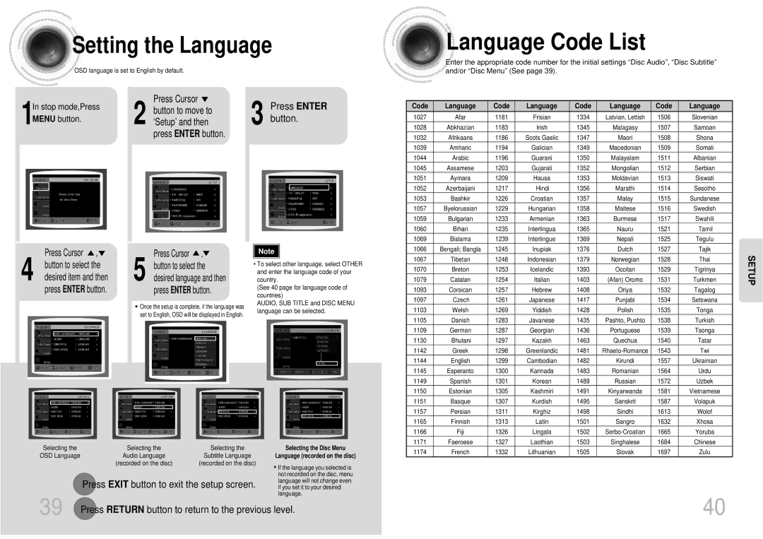 Samsung MAX-DX76T/UMG, MAX-DX76T/HAC Language Code List, Setting the Language, Press Exit button to exit the setup screen 