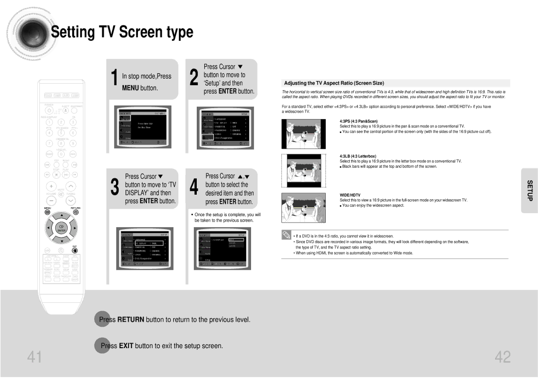 Samsung MAX-DX76T/MEA manual Menu button, Adjusting the TV Aspect Ratio Screen Size, 43PS 43 Pan&Scan, 43LB 43 Letterbox 