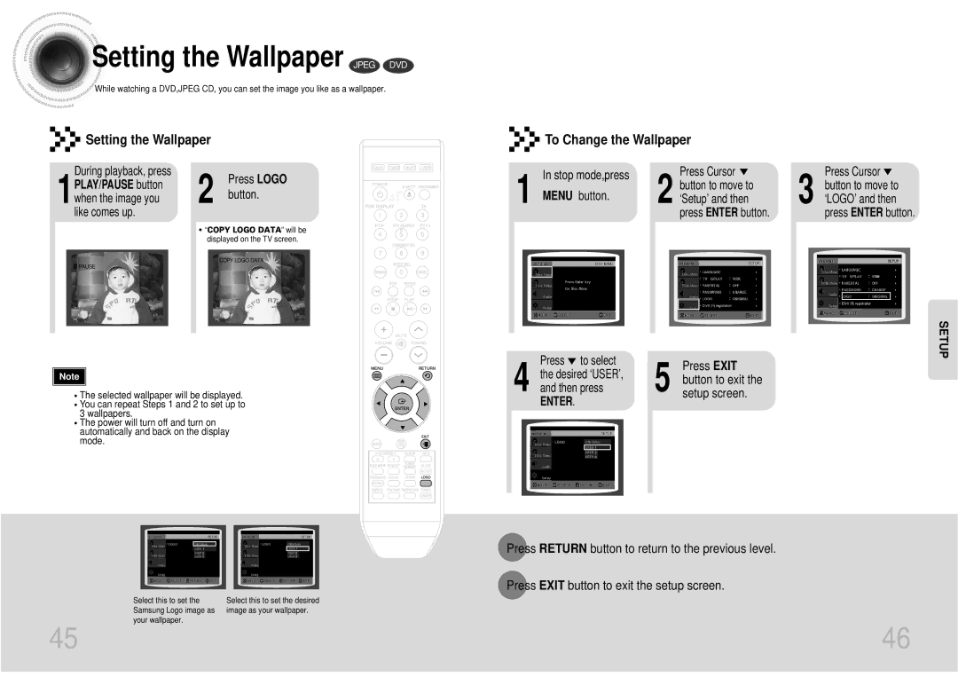 Samsung MAX-DX76T/HAC, MAX-DX76T/UMG, MAX-DX76T/MEA, MAX-DX76T/FMC manual Setting the Wallpaper Jpeg DVD, Setup screen 