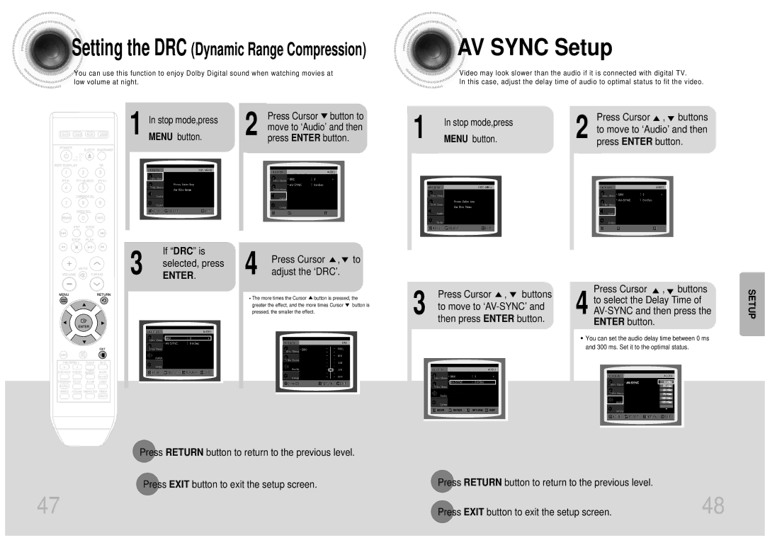 Samsung MAX-DX76T/UMG, MAX-DX76T/HAC, MAX-DX76T/MEA, MAX-DX76T/FMC manual AV Sync Setup 