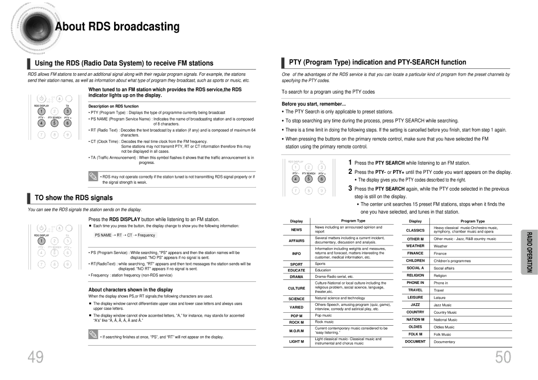 Samsung MAX-DX76T/MEA, MAX-DX76T/HAC manual Using the RDS Radio Data System to receive FM stations, To show the RDS signals 