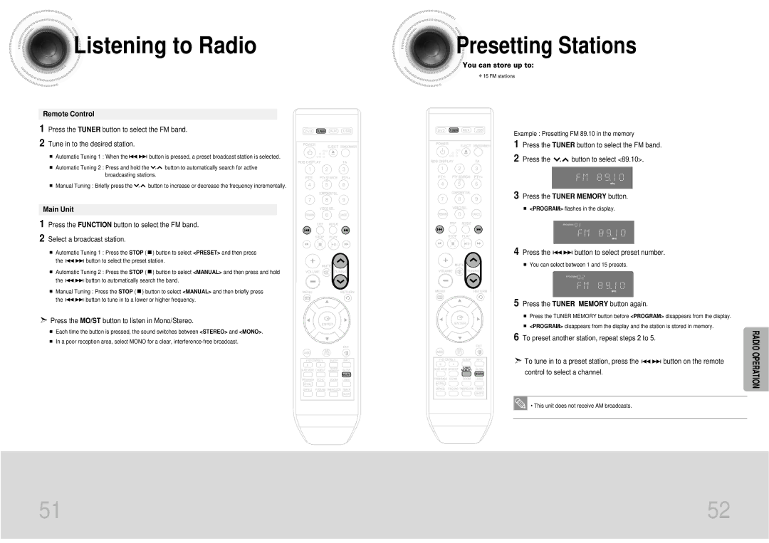 Samsung MAX-DX76T/FMC, MAX-DX76T/HAC, MAX-DX76T/UMG manual Listening to Radio, Presetting Stations, Remote Control, Main Unit 