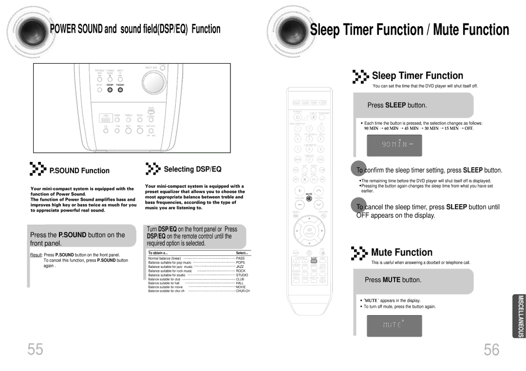 Samsung MAX-DX76T/UMG, MAX-DX76T/HAC, MAX-DX76T/MEA, MAX-DX76T/FMC manual Sleep Timer Function, Mute Function 