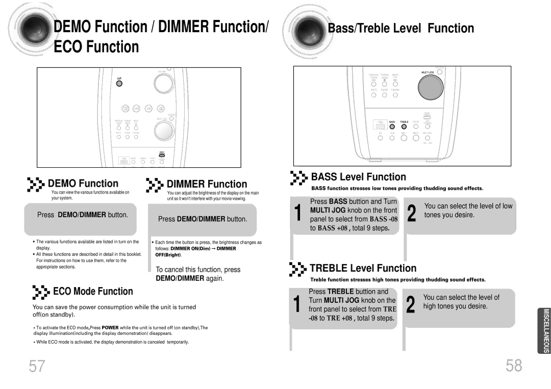 Samsung MAX-DX76T/MEA, MAX-DX76T/HAC Demo Function Dimmer Function, Treble Level Function, To cancel this function, press 