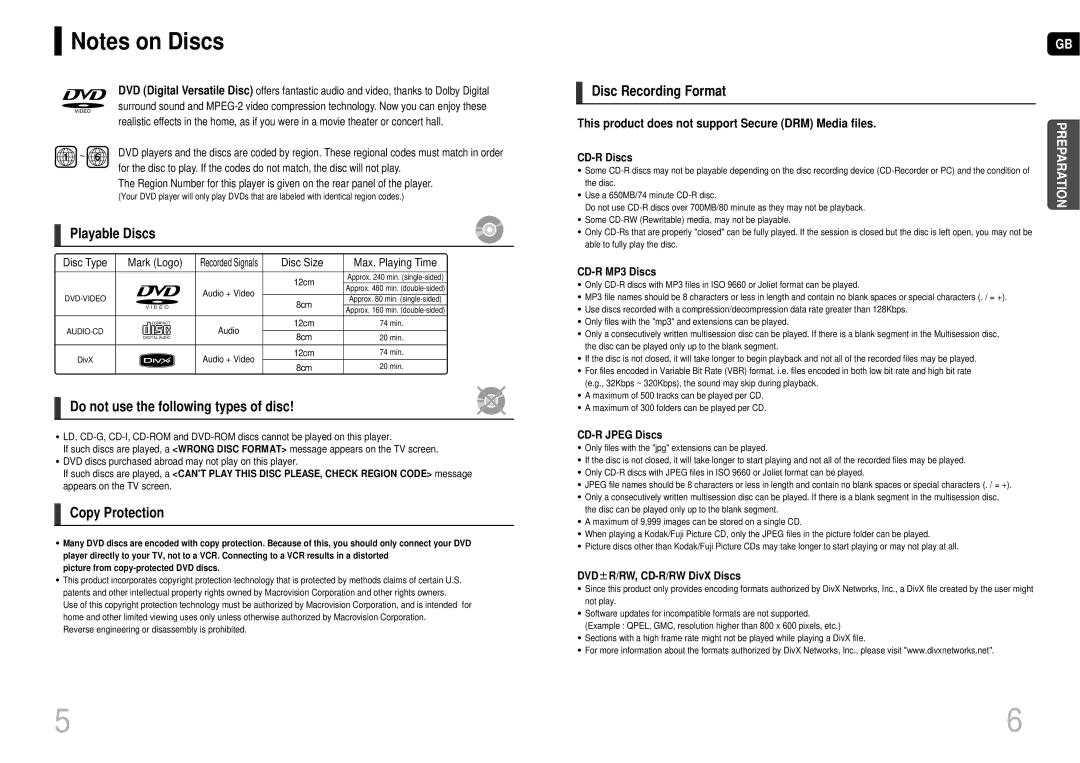 Samsung MAX-DX76T/HAC manual Playable Discs, Do not use the following types of disc, Copy Protection, Disc Recording Format 