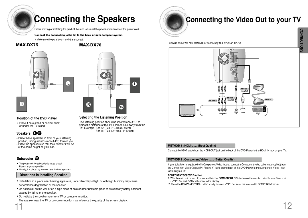 Samsung MAX-DX76T/FMC, MAX-DX76T/HAC, MAX-DX76T/UMG, MAX-DX76T/MEA manual Connecting the Speakers 