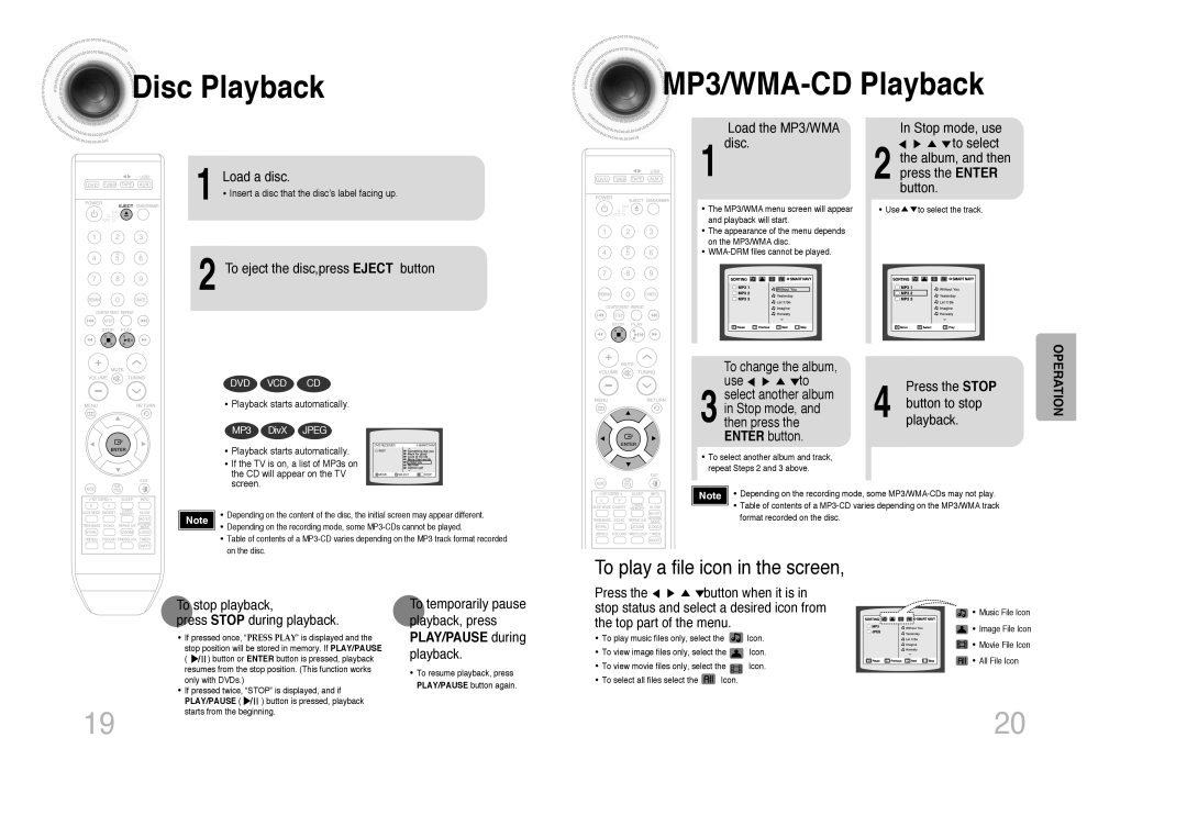 Samsung MAX-DX76, MAX-DX79, MAX-DX75 Disc Playback MP3/WMA -CD Playback, To play a file icon in the screen, Operation 