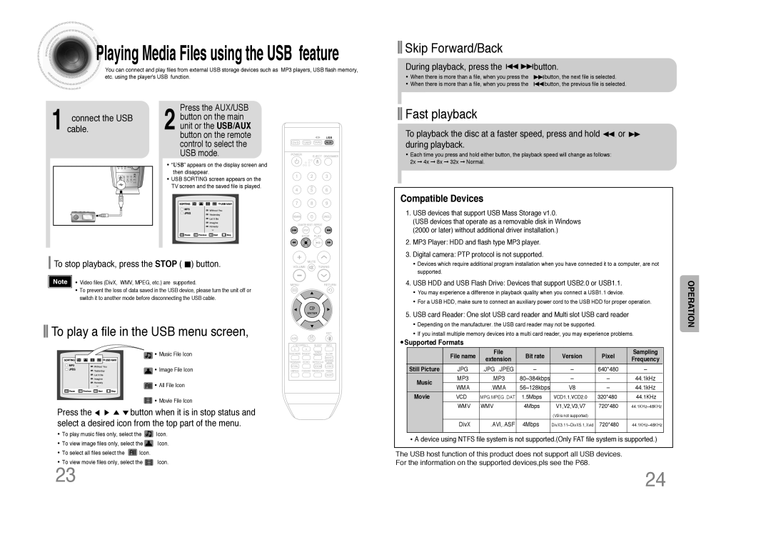 Samsung MAX-DX75 To play a file in the USB menu screen, Cable.connect the USB, To stop playback, press the Stop button 