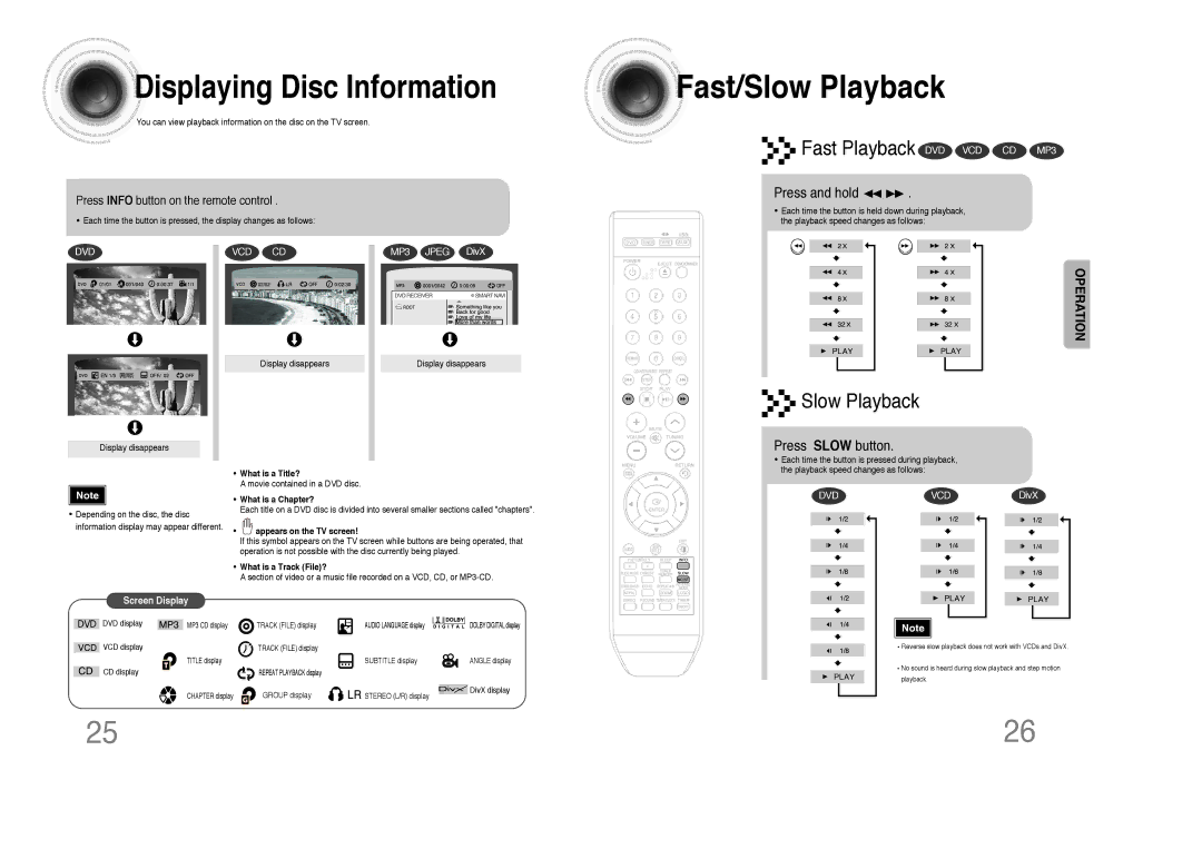 Samsung MAX-DX76, MAX-DX79, MAX-DX75 Fast/Slow Playback, Displaying Disc Information, Fast Playback DVD VCD CD MP3 