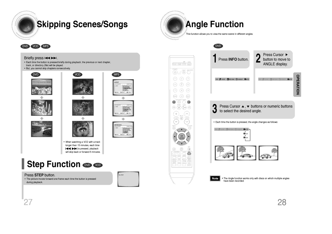 Samsung MAX-DX79, MAX-DX75, MAX-DX76 instruction manual Skipping Scenes/Songs, Step Function DVD VCD, Angle Function 