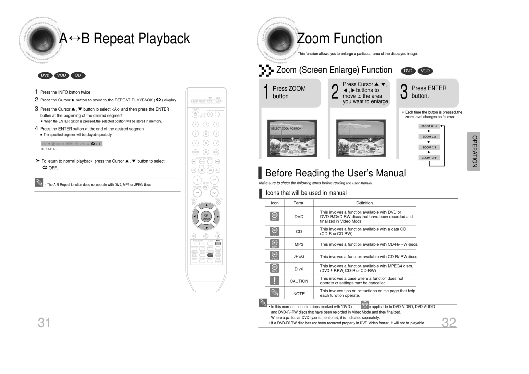 Samsung MAX-DX76, MAX-DX79, MAX-DX75 ↔ B Repeat Playback Zoom Function, Zoom Screen Enlarge Function, Press Zoom, Button 