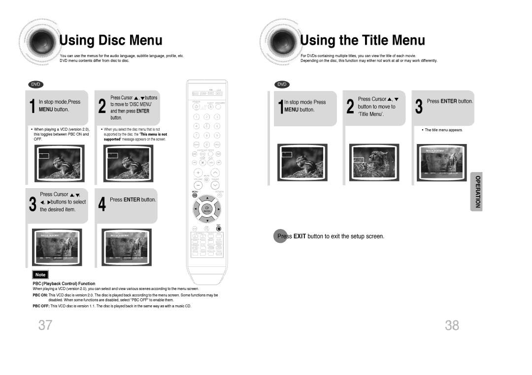 Samsung MAX-DX76, MAX-DX79, MAX-DX75 Using Disc Menu, Using the Title Menu, Press Exit button to exit the setup screen 